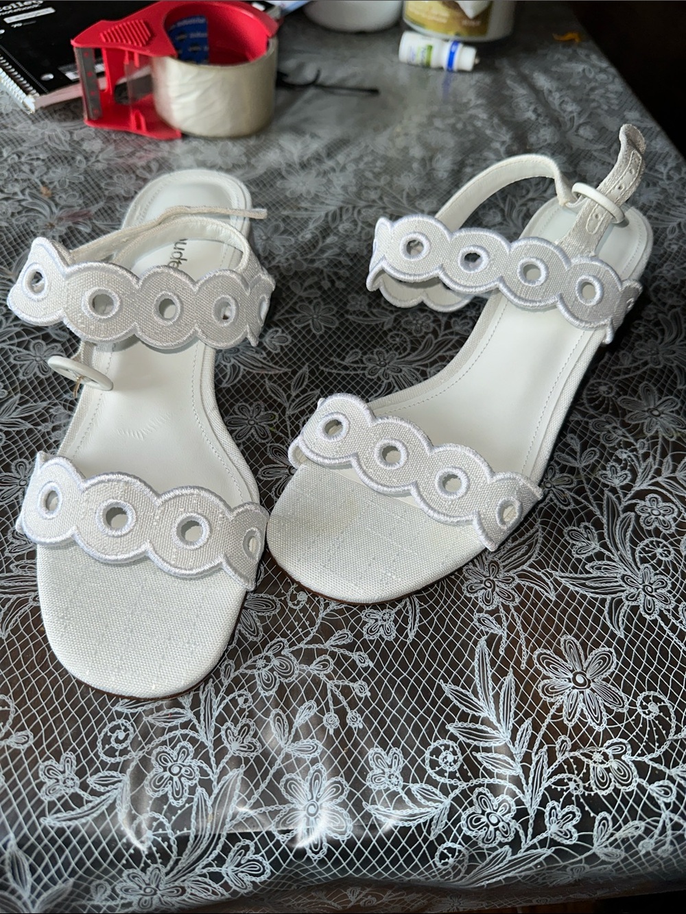 Larroude White Scalloped Strap Slingback Heels